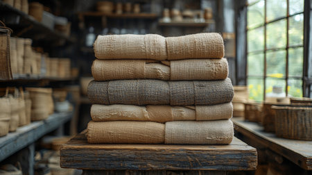 Neatly folded linen towels stacked on rustic wooden shelves in a cozy store environment with soft natural lighting.の素材
