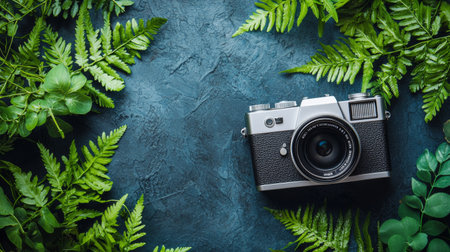 A vintage camera placed on a textured green surface surrounded by lush fern leaves, creating a natural and nostalgic vibe.の素材