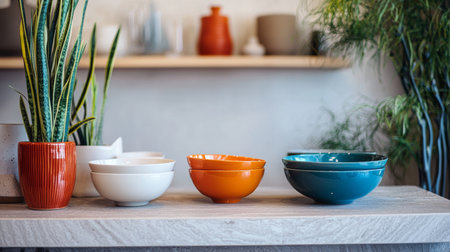 A collection of vibrant ceramic bowls in orange, red, and teal displayed on a minimalist kitchen counter.の素材