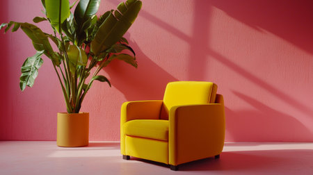A stylish modern decor setup featuring a vibrant yellow chair, potted plant, and a bright pink backdrop with sunlight shadows.の素材