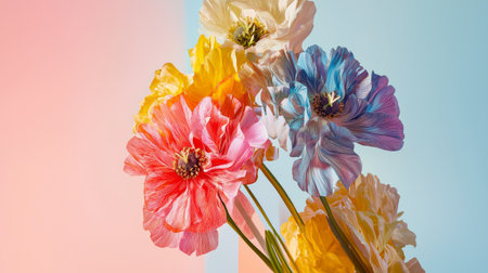 A vibrant bouquet of colorful flowers set against a bright pastel background, exuding energy and charm.の素材