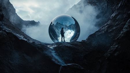 A surreal fantasy landscape featuring a glowing portal and two figures, surrounded by dramatic mountains and atmosphere.の素材