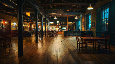 A rustic dining hall with wooden furniture, warm ambient lighting, and a cozy atmosphere, awaiting guests.の素材