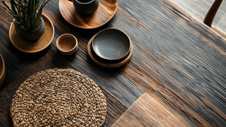 A rustic wooden table adorned with pottery and natural textured elements, creating a cozy and earthy ambiance.の素材