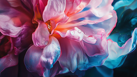 A mesmerizing close-up of vibrant flower petals illuminated by soft lighting, showcasing their intricate textures and vivid colors.の素材