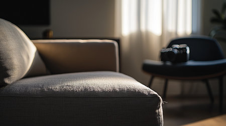 A modern living room featuring a cozy sofa, soft lighting, and minimalistic decor for a warm and inviting feel.の素材