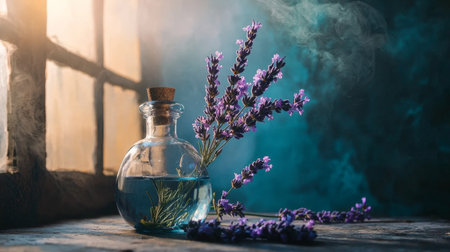 A rustic glass bottle filled with lavender, illuminated by soft natural light streaming through a window.の素材
