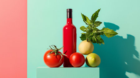 A vibrant composition of fresh tomatoes, lemon, and a bottle of olive oil on a bold, colorful backdrop.の素材