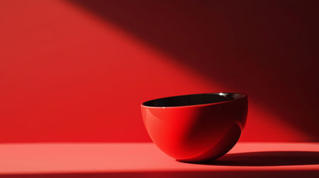 A striking minimalist composition featuring a red ceramic bowl on a bold matching red background, emphasizing simplicity.の素材
