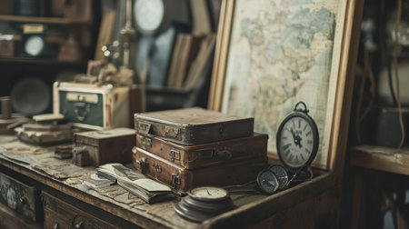A nostalgic arrangement of antique travel documents, wooden boxes, and a compass on a vintage desk.の素材