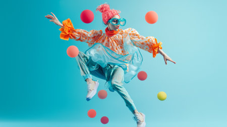 A vibrant and energetic dancer captured mid-motion, surrounded by colorful floating spheres on a blue background.の素材
