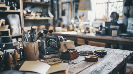 A nostalgic composition featuring a vintage camera and tools arranged on a rustic workspace, highlighting creativity and craftsmanship.の素材