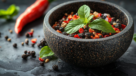 A flavorful arrangement featuring a bowl of colorful spices garnished with fresh herbs and chili on a dark surface.の素材