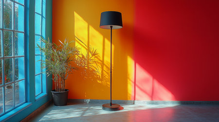 A vibrant interior featuring bold red and yellow walls with potted plants and natural light creating a lively ambiance.の素材