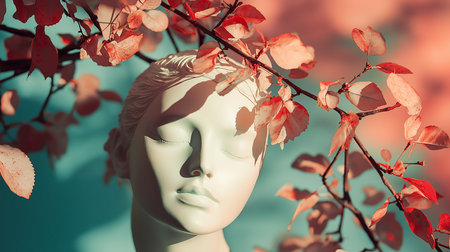 A modern artistic sculpture set amidst blooming cherry branches, creating a harmonious and elegant composition.の素材