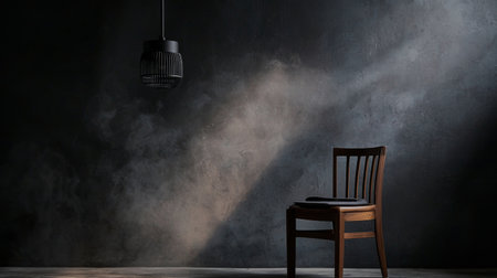 A single rustic wooden chair placed against a textured dark wall, illuminated by dramatic moody lighting for a bold aesthetic.の素材