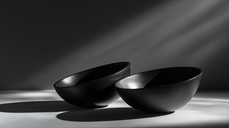 A pair of minimalist black bowls with a sleek design, styled with dramatic lighting to emphasize their modern aesthetic.の素材