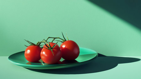A vibrant plate of fresh red tomatoes with green stems, styled against a modern green background for a bold aesthetic.の素材