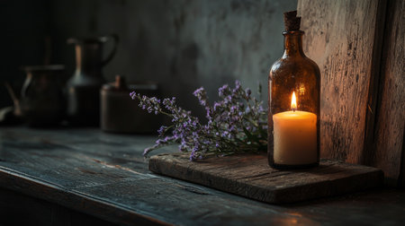 A serene rustic table scene featuring a glowing candle and lavender decor, styled with soft lighting for a cozy ambiance.の素材