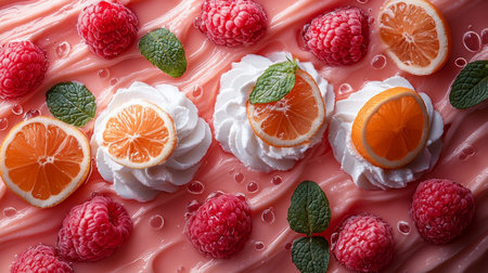 A delightful display of mini pavlovas topped with fresh raspberries, oranges, and mint leaves on a pink background.の素材