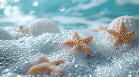A serene beach scene featuring starfish resting on soft foamy ocean waves under bright sunlight.の素材