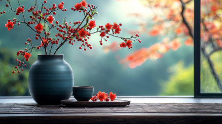 A minimalist black vase holding red branches, set on a wooden table by a window with soft natural light.の素材