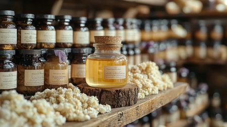A rustic store display featuring rows of organic honey jars, creating a warm and inviting atmosphere.の素材