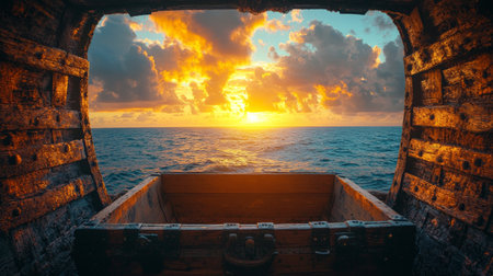 A breathtaking view of a golden sunset seen through a wooden ship window, creating a warm and adventurous atmosphere.の素材
