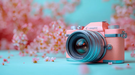 A stylish vintage pink camera placed against a pastel floral background, blending retro charm with modern aesthetics.の素材