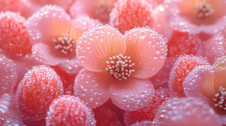 A detailed close-up of frosted raspberries and small flowers on a pastel background, creating a fresh and vibrant look.の素材