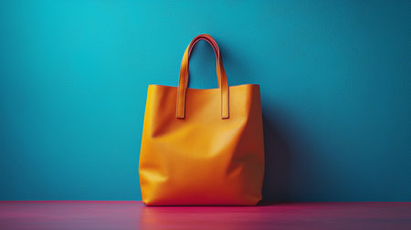 A stylish bright yellow handbag placed against a turquoise wall with a pink surface, creating a bold minimalist look.の素材