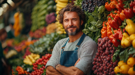 A cheerful farmer standing proudly with fresh produce at a vibrant market, showcasing a wholesome rural scene.の素材