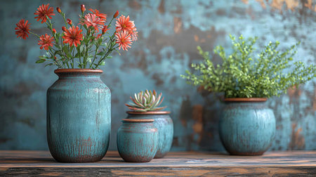 A charming arrangement of rustic vases filled with flowers and greenery, placed on a textured surface, evoking a natural aesthetic.の素材