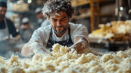A skilled baker passionately kneading dough in a rustic bakery, surrounded by flour and fresh ingredients.の素材