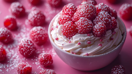 A delicious dessert garnished with fresh raspberries and whipped cream, creating a vibrant and sweet presentation.の素材