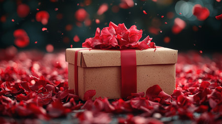 A beautifully wrapped gift box surrounded by vibrant red rose petals, creating a romantic and luxurious presentation.の素材