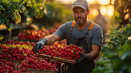 A farmer harvesting fresh strawberries in an outdoor field, radiating a natural and vibrant rural scene.の素材