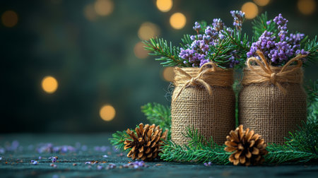 Sustainable jute sacks filled with dried lavender, creating a rustic and aromatic presentation in soft natural light.の素材