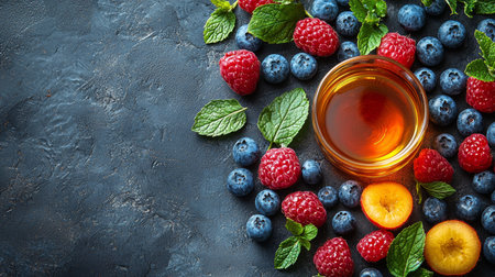 A rustic arrangement of tea, fresh fruit, and leaves displayed on a dark stone surface, creating a cozy and inviting scene.の素材