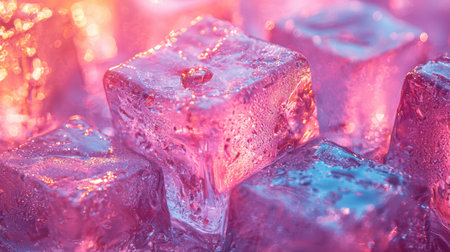 Close-up of pink ice cubes slowly melting, creating a refreshing and visually appealing composition.の素材