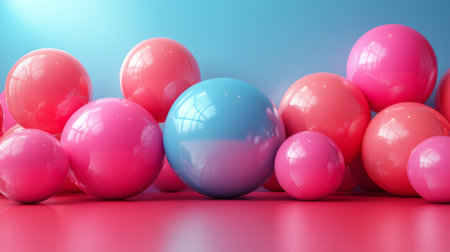 A playful composition of glossy pink and blue spheres arranged on a reflective surface, creating a vibrant and modern design.の素材
