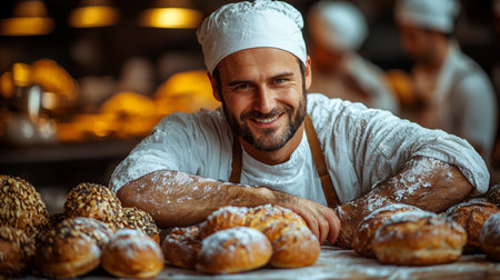 A cheerful baker posing with freshly baked pastries in a cozy bakery, creating a warm and inviting atmosphere.の素材