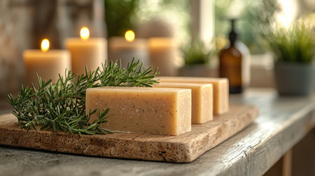 A charming arrangement of artisan soap blocks garnished with fresh herbs, accompanied by lit candles on a clean, rustic countertop.の素材