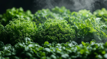 A detailed close-up of fresh green lettuce leaves growing in a garden, showing natural textures and vibrant colors.の素材