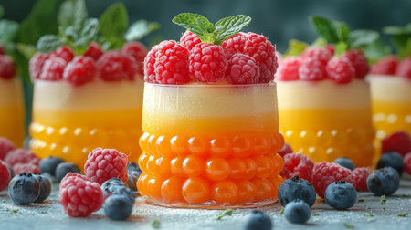 A close-up of a colorful dessert with layers of orange mousse, fresh raspberries, blueberries, and whipped cream, creating a visually stunning treat.の素材