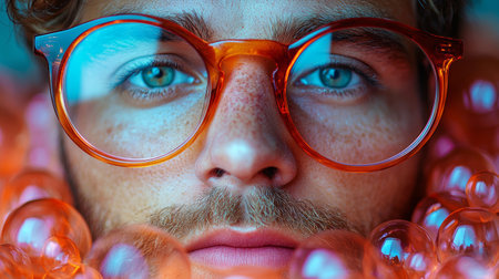 A vibrant close-up of a man wearing orange glasses, surrounded by a lively and colorful bokeh background.の素材