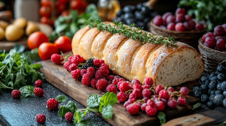 A wholesome rustic bread loaf surrounded by fresh berries and vegetables, creating a vibrant and organic food scene.の素材