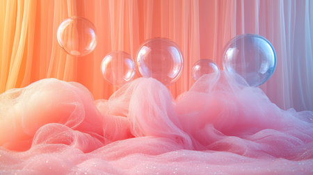 A scenic depiction of soft pink clouds glowing with sunlight, creating a serene and atmospheric composition.の素材