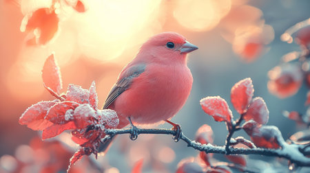 A vibrant red bird perched on a frosty branch with soft sunlight in the background, creating a serene and wintry scene.の素材