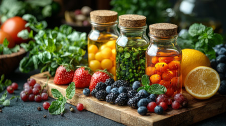 A vibrant assortment of fresh juices in glass bottles surrounded by colorful fruits, creating a refreshing display.の素材